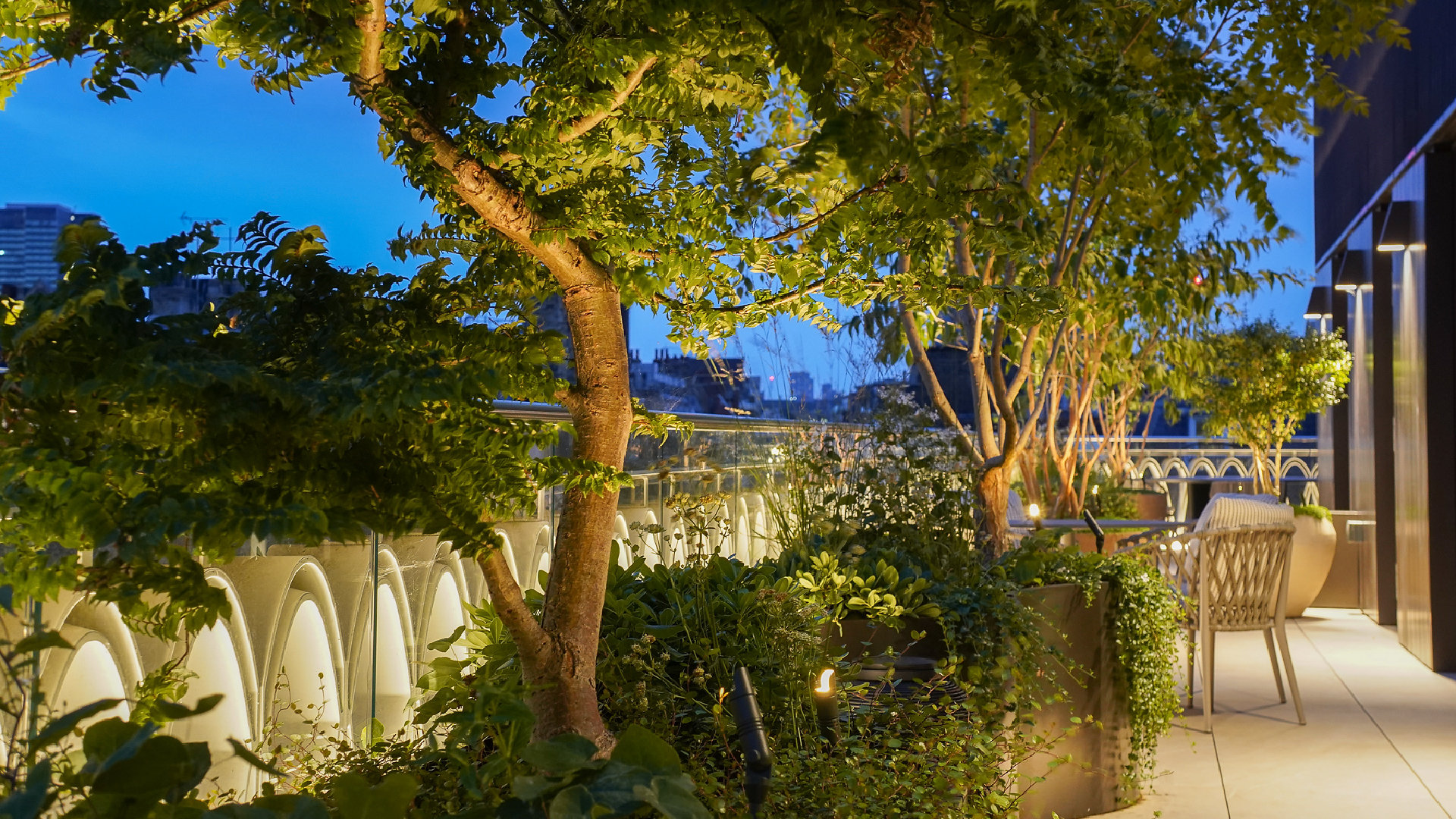 Begrünte Dachterrasse in der Abenddämmerung – Bäume und Pflanzen stimmungsvoll mit Aussenleuchten in Szene gesetzt